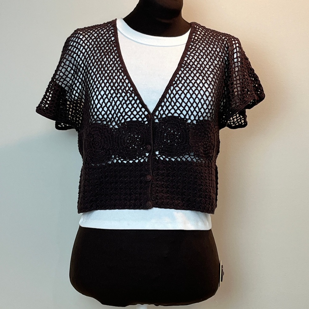 Bianca Nygard Weekend Brown Crochet Knit Cardigan Petite Boho Granny Square